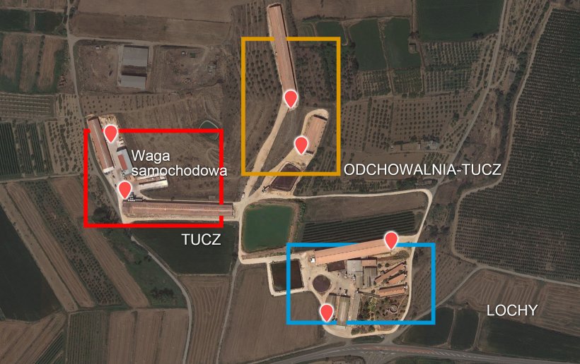 Zdjęcie 2. Rozmieszczenie faz produkcji według budynk&oacute;w i oryginalnych miejsc załadowań i rozładunk&oacute;w (czerwone wskaźniki)

